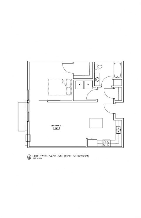 Floor plan for 1 bed, 1 bath, 787 sqft